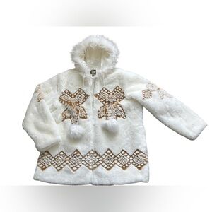 Ameri mode women’s white/ tan hooded snowflake faux fur coat size XXL.